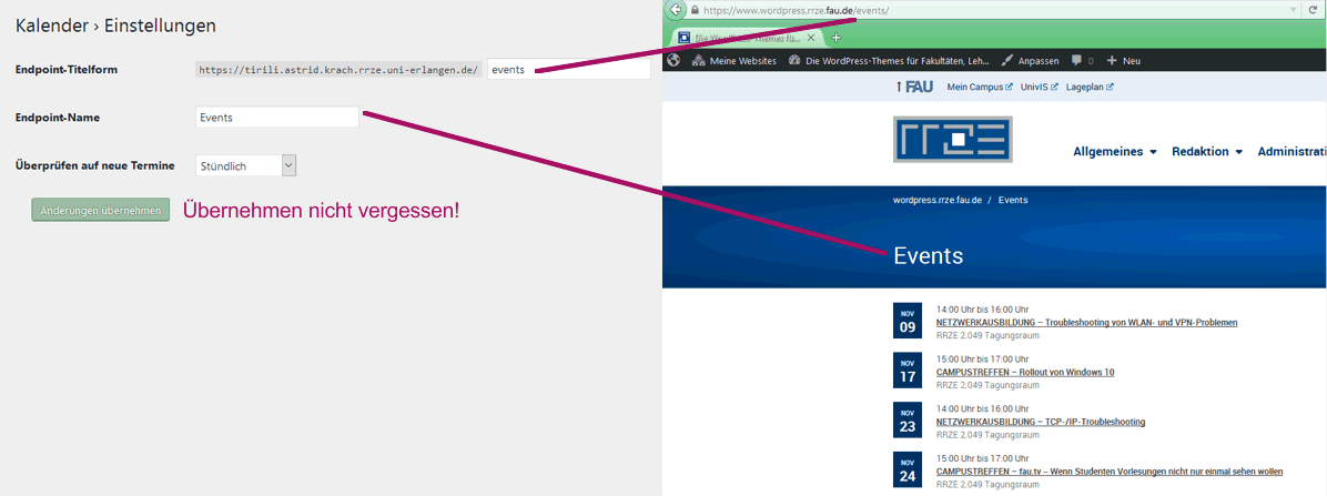 Der Screenshot zeigt die Einstellungen sowohl im Backend als auch im Frontend mit Hinweisen darauf, welche Einstellung worauf Effekt hat.
