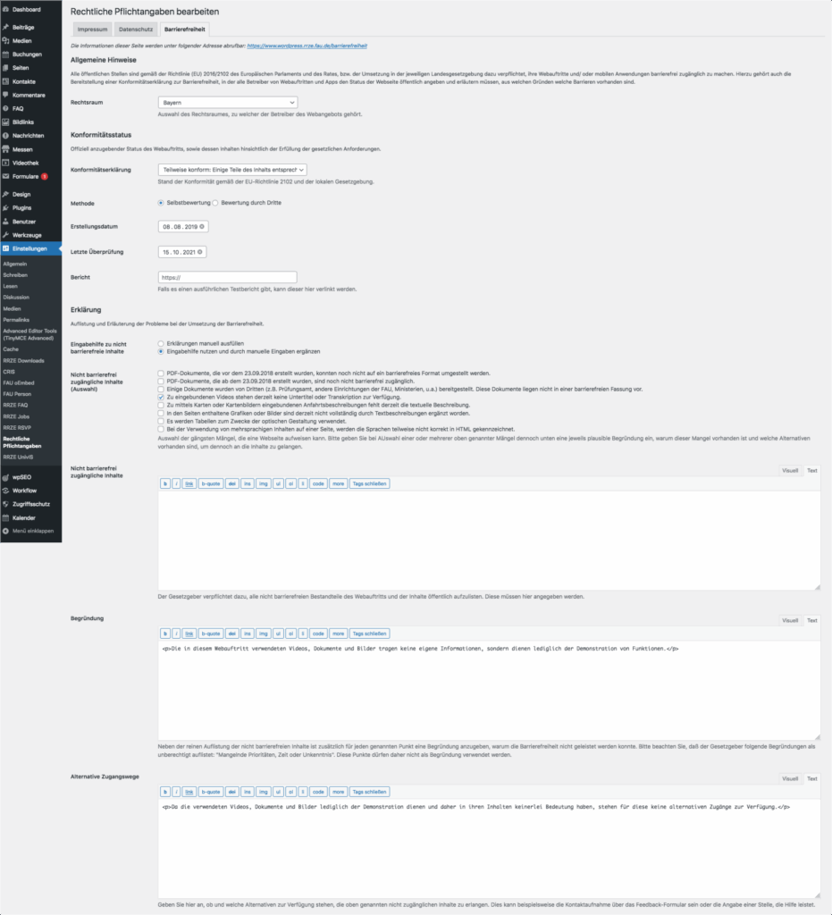 Screenshot mit der Ansicht des Generators im Backend der Websites. Man sieht die verschiedenen Auswahloptionen bei der Liste der möglichen Fehler, jedoch bei der Eingabe für Begründungen nur ein Textfeld ohne jegliche Auswahlbegründung.