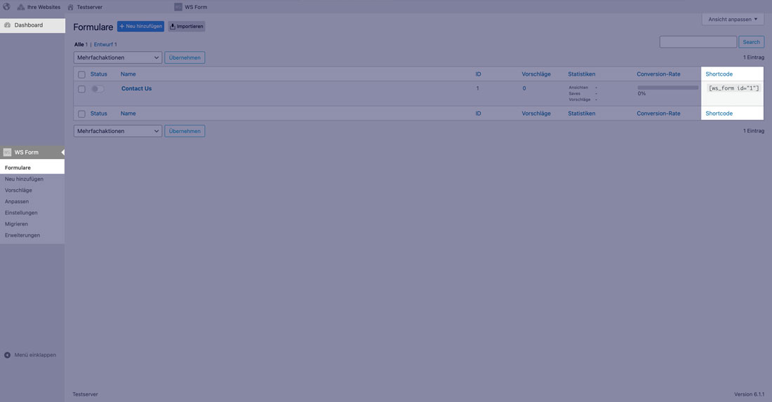 Formularübersicht im WordPress Dashboard zeigt die Shortcode-Auswahl