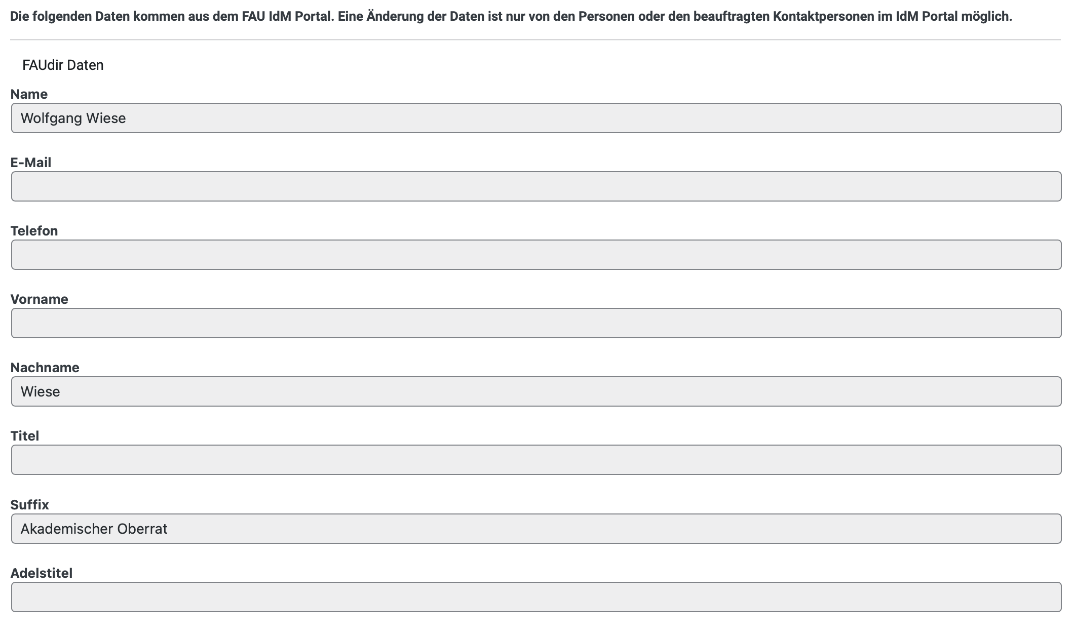FAUdir Kerndaten unter dem Inhaltsfenster