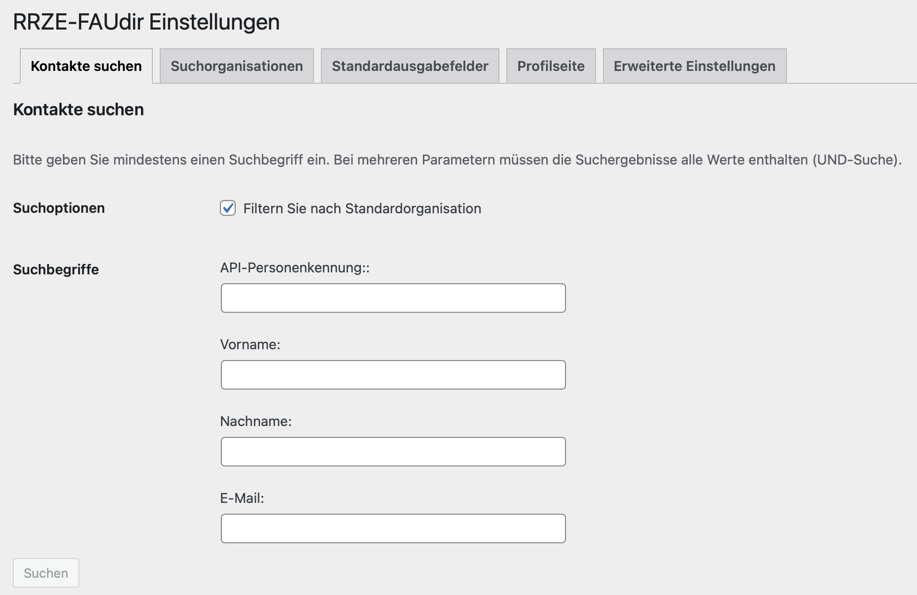 Reiter "Kontakte suchen" in den FAUdir Einstellungen