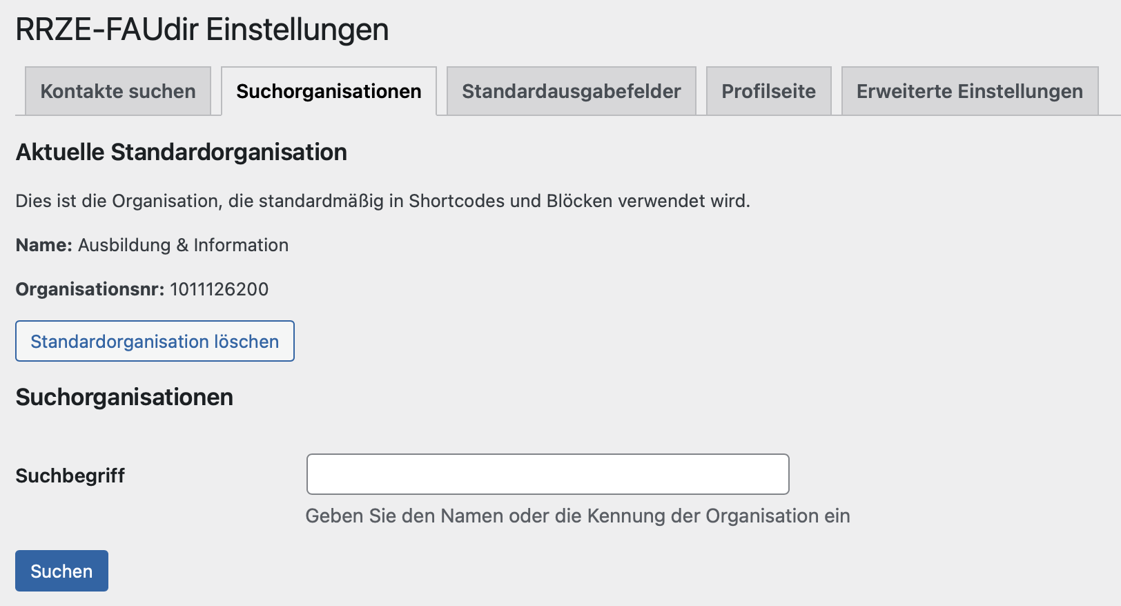 Reiter "Suchorganisationen" in den FAUdir Einstellungen