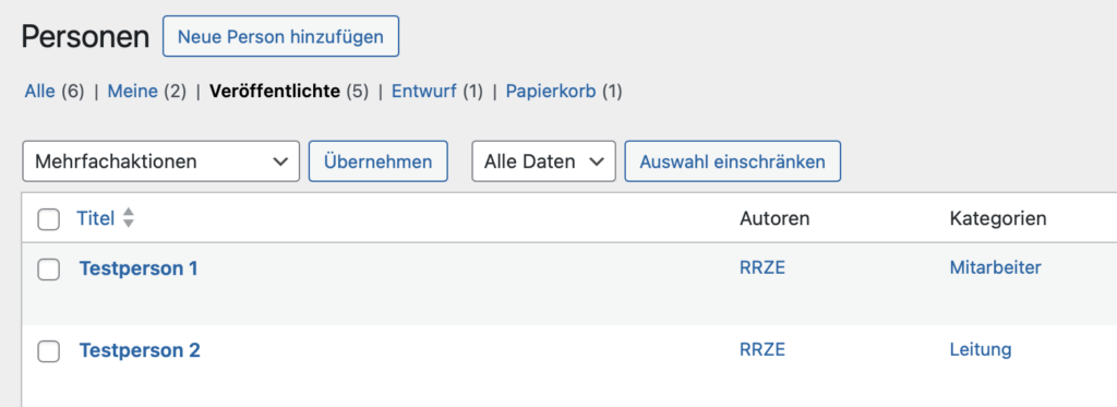 Übersicht der Personen im FAUdir-Plugin