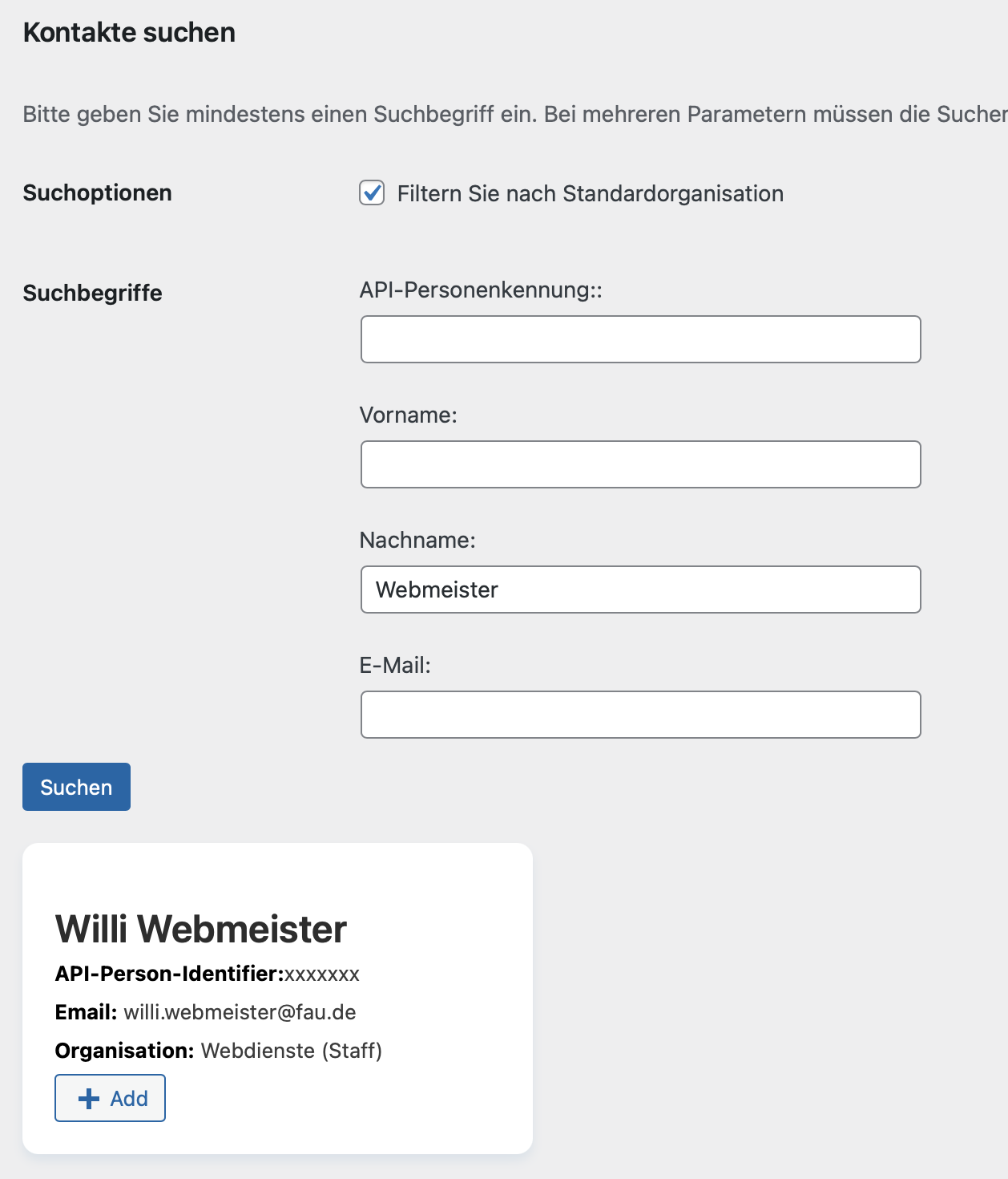 Suche nach Kontakten innerhalb meiner Standardorganisation