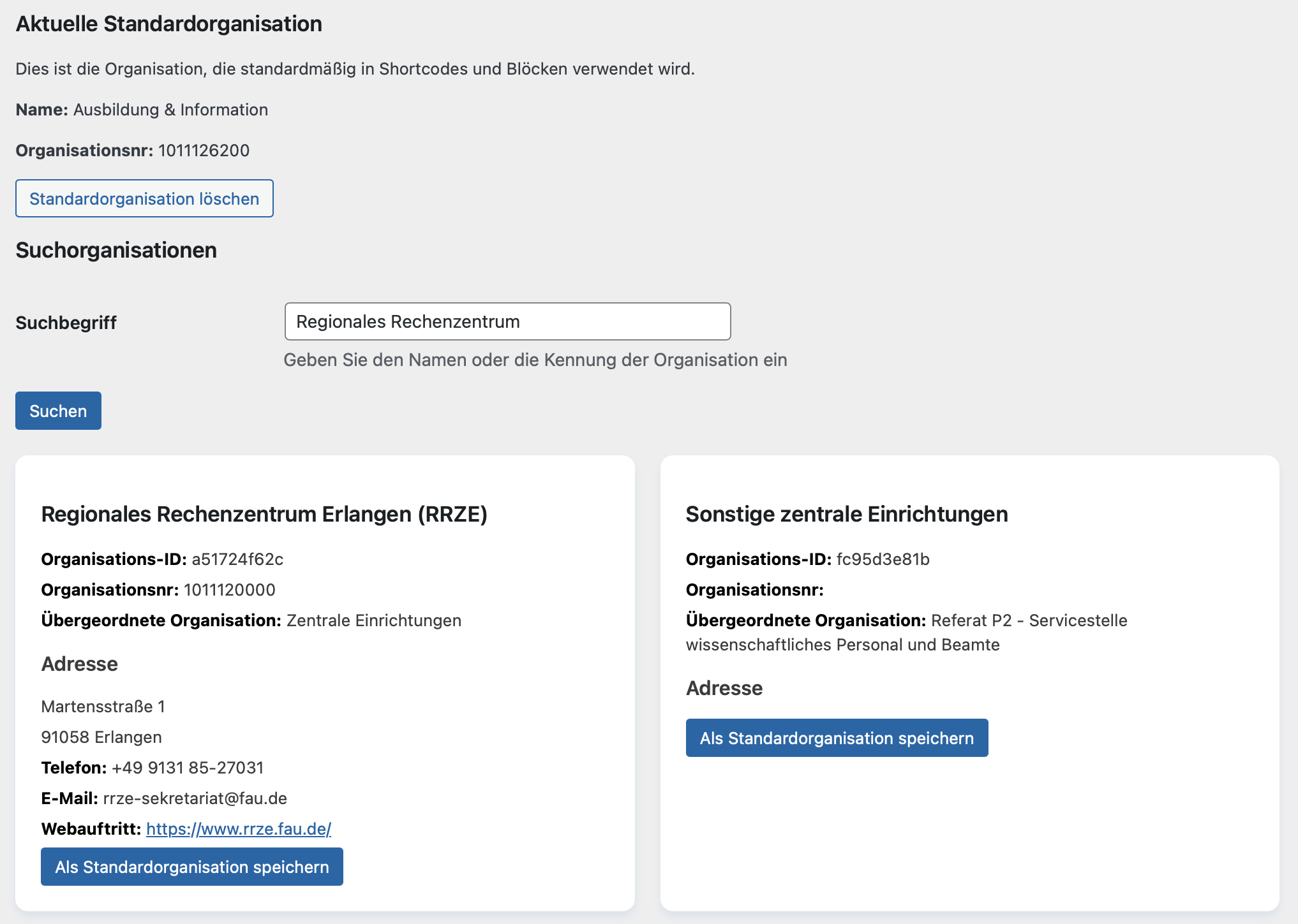 Anzeige der gesuchten Organisationen