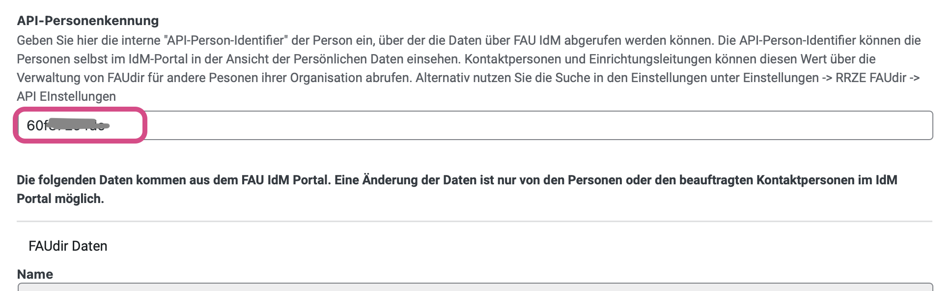 API-Personenkennung unter dem Inhaltsfenster