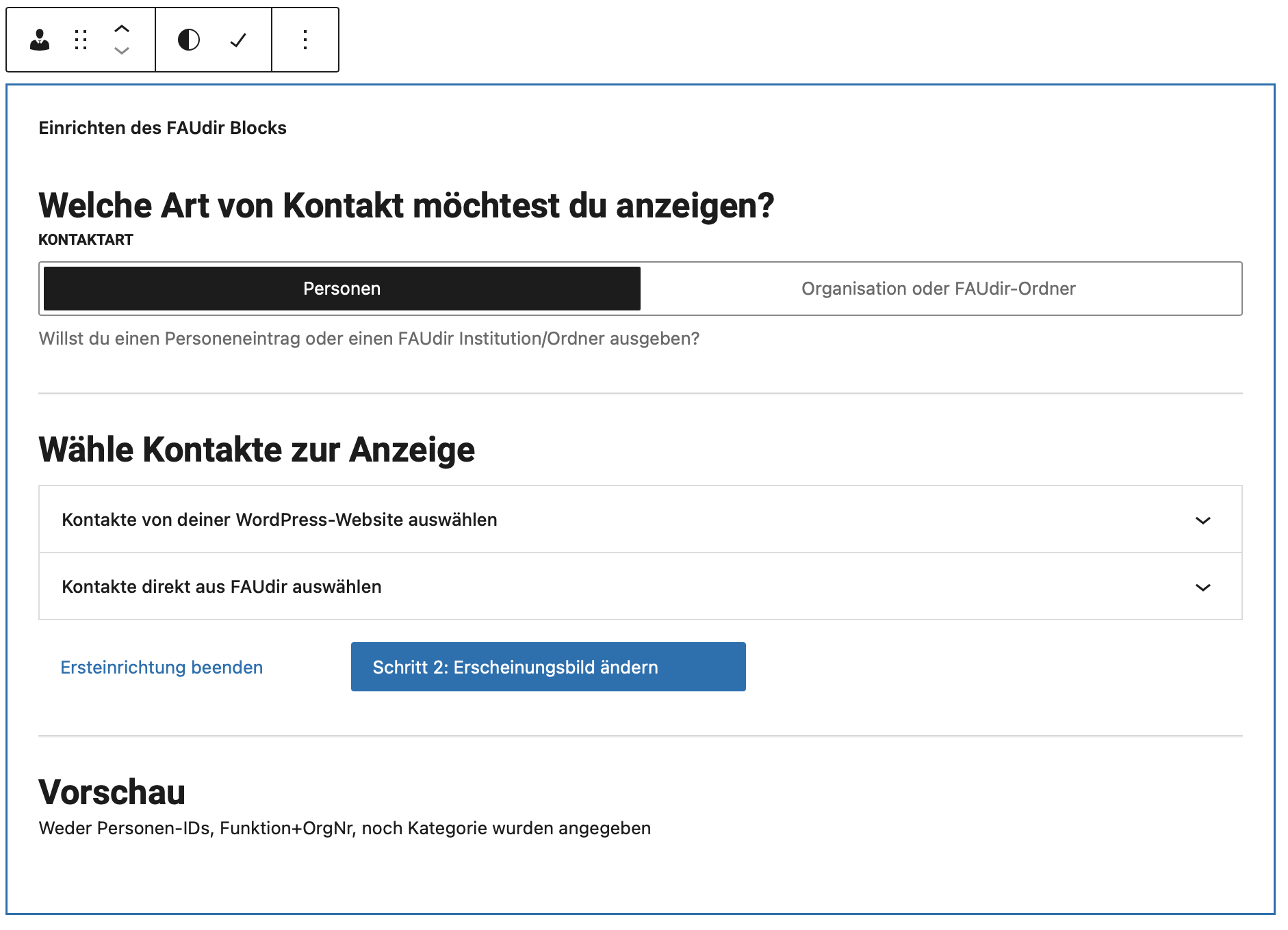 FAUdir-Block mit der Kontaktart Person einrichten