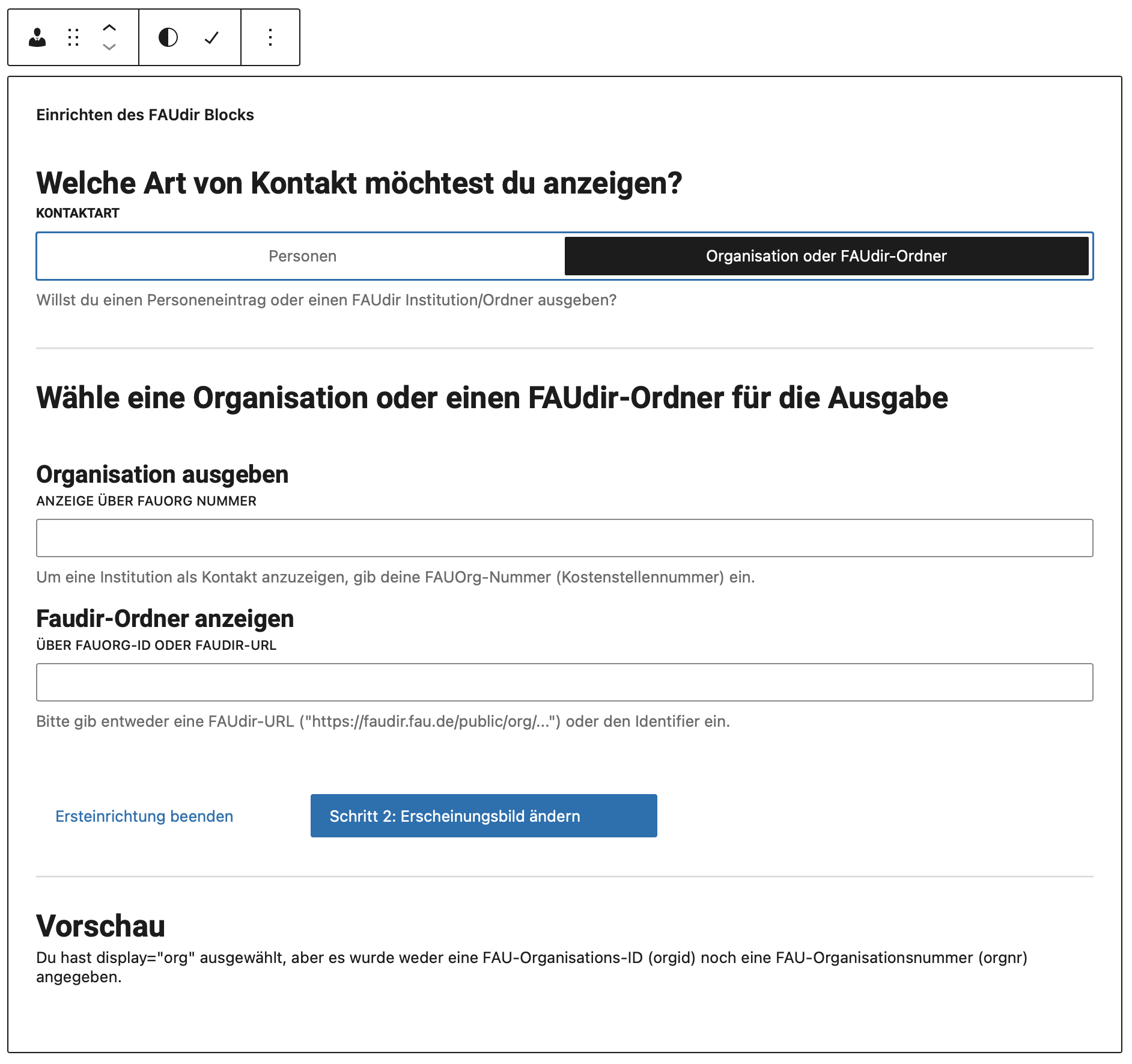 FAUdir-Block mit der Kontaktart Organisation einrichten