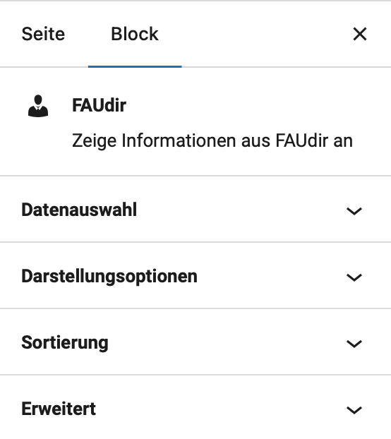 Rechte Seitenleiste mit Einstellungen für den FAUdir-Block