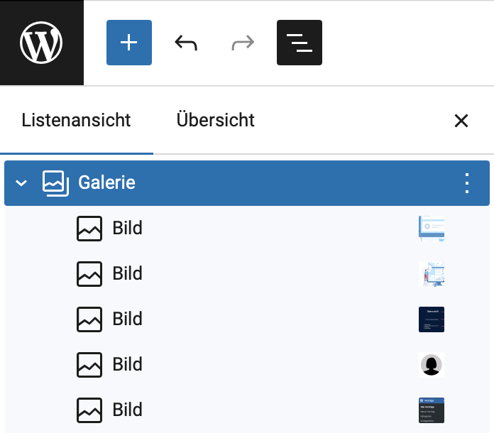 Listenansicht des Galerie-Blocks