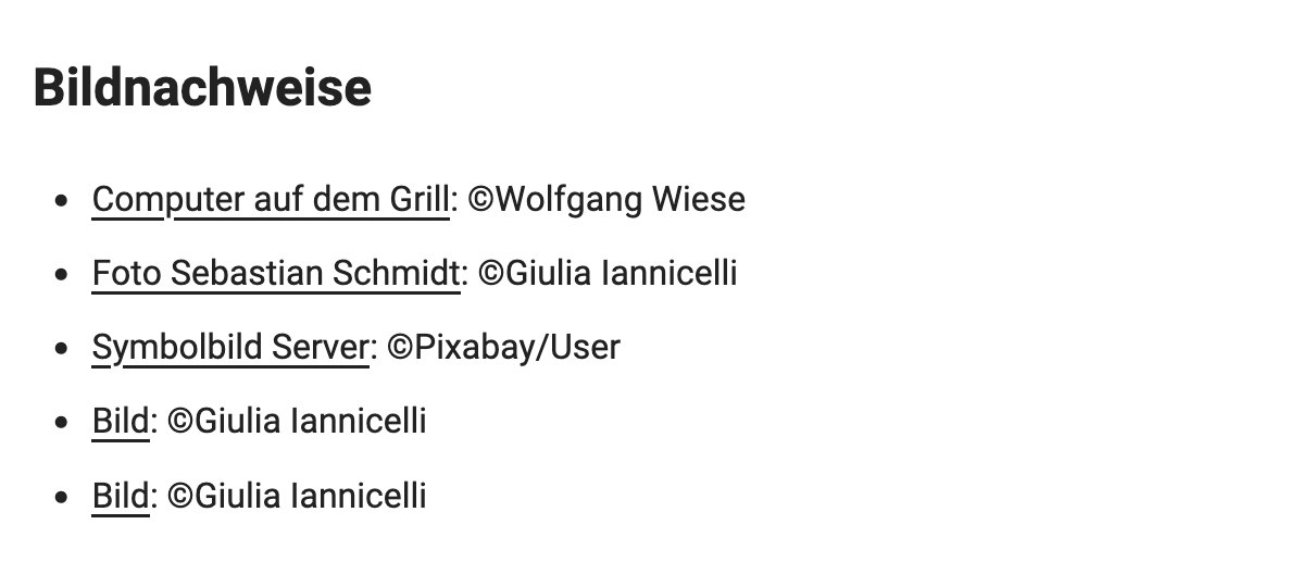Screenshot einer Testseite mit Bildnachweisen. 
Man sieht eine Liste mit 5 LInks. Der lInk geht auf ein Bildnamen, dahinter steht mit dem Copyright-Zeichen versehen der Urheber