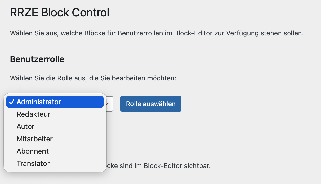 Benutzerrolle im Dropdown auswählen und Rolle laden