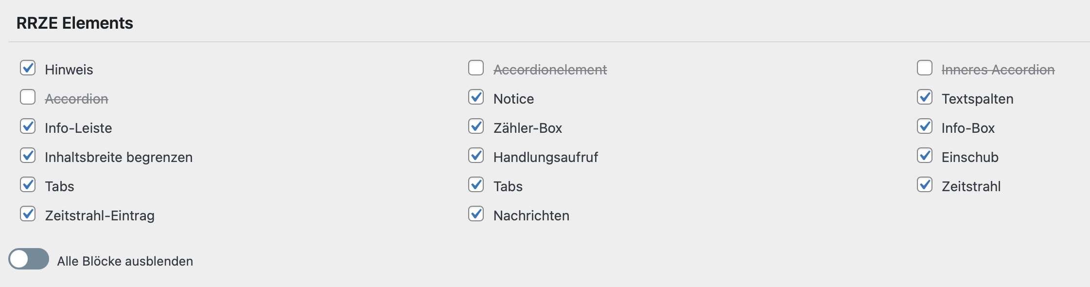 Blöcke über Checkbox deaktivieren und aktivieren