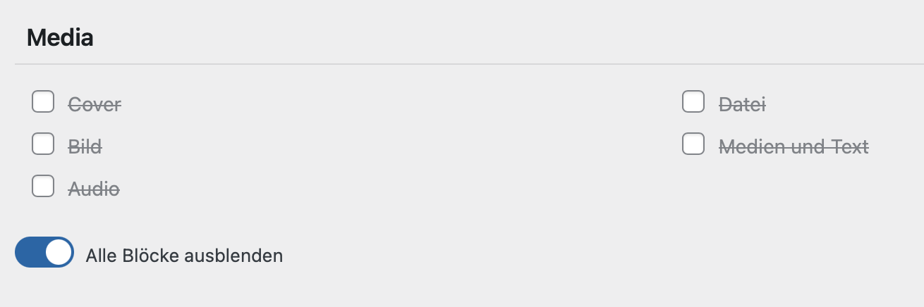 Alle Blöcke einer Kategorie über den Toggle Button auswählen