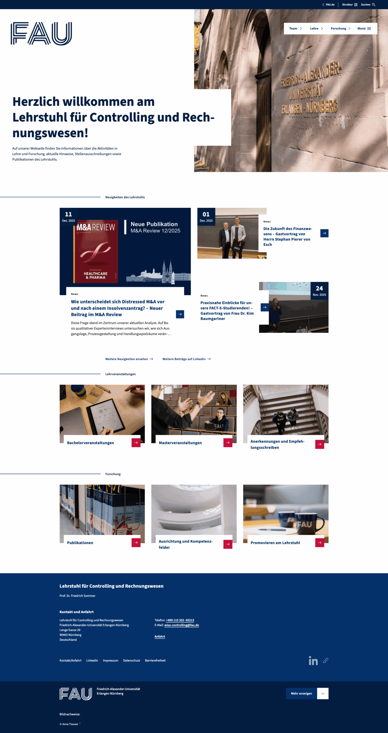 Screenshot der Startseite des Lehrstuhls Controlling und Rechnungswesen