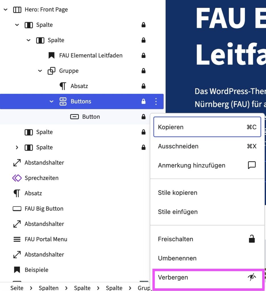 Optionen-Kontextmenü für den Button in der Listenansicht