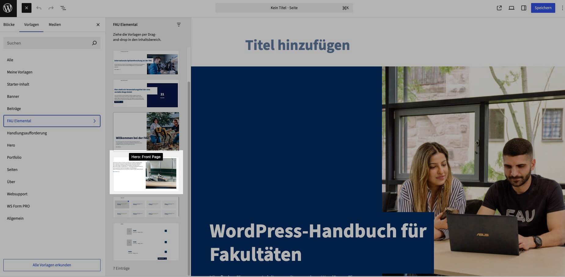 Vorlagenauswahl im Block-Inserter