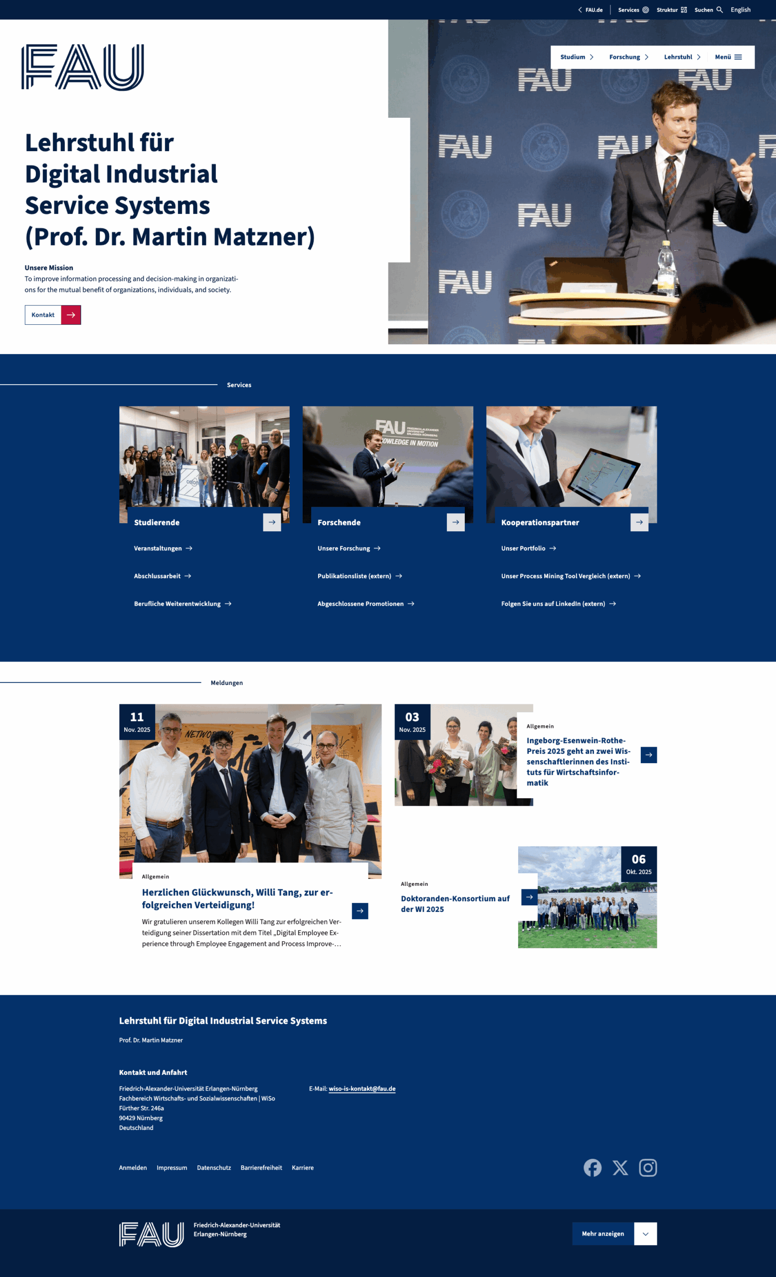 Screenshot der Startseite des Lehrstuhls Digital Industrial Service Systems