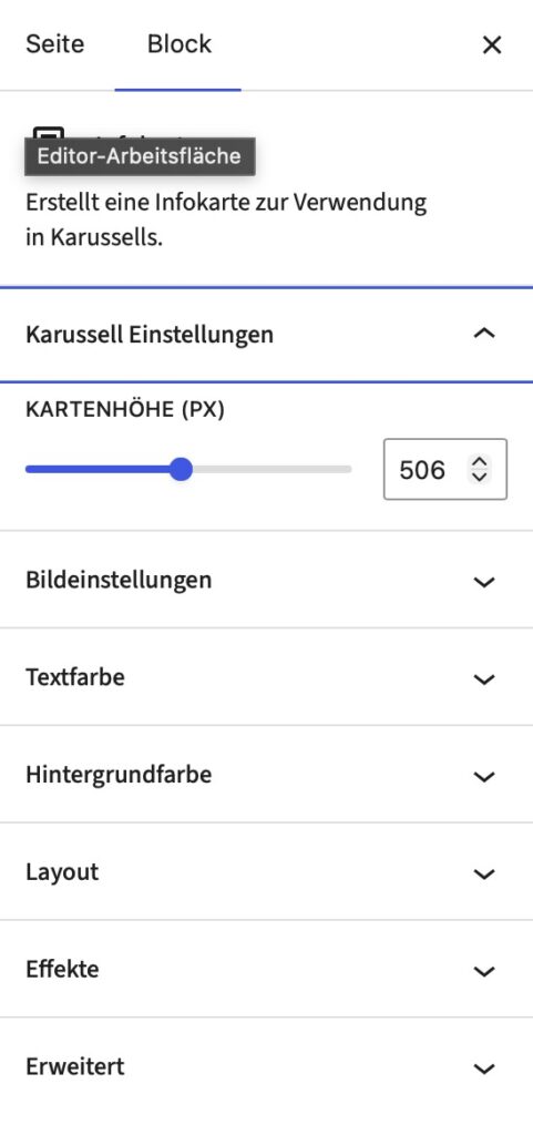 Ansicht der Block-Einstellungen für eine Karussell-Kachel