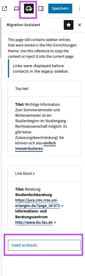 Migrationsassistent im Block-Editor