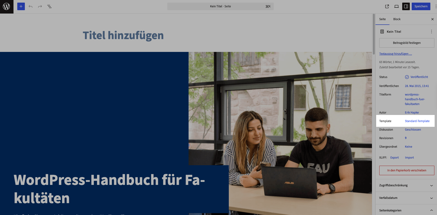 Template-Einstellung im Block-Editor