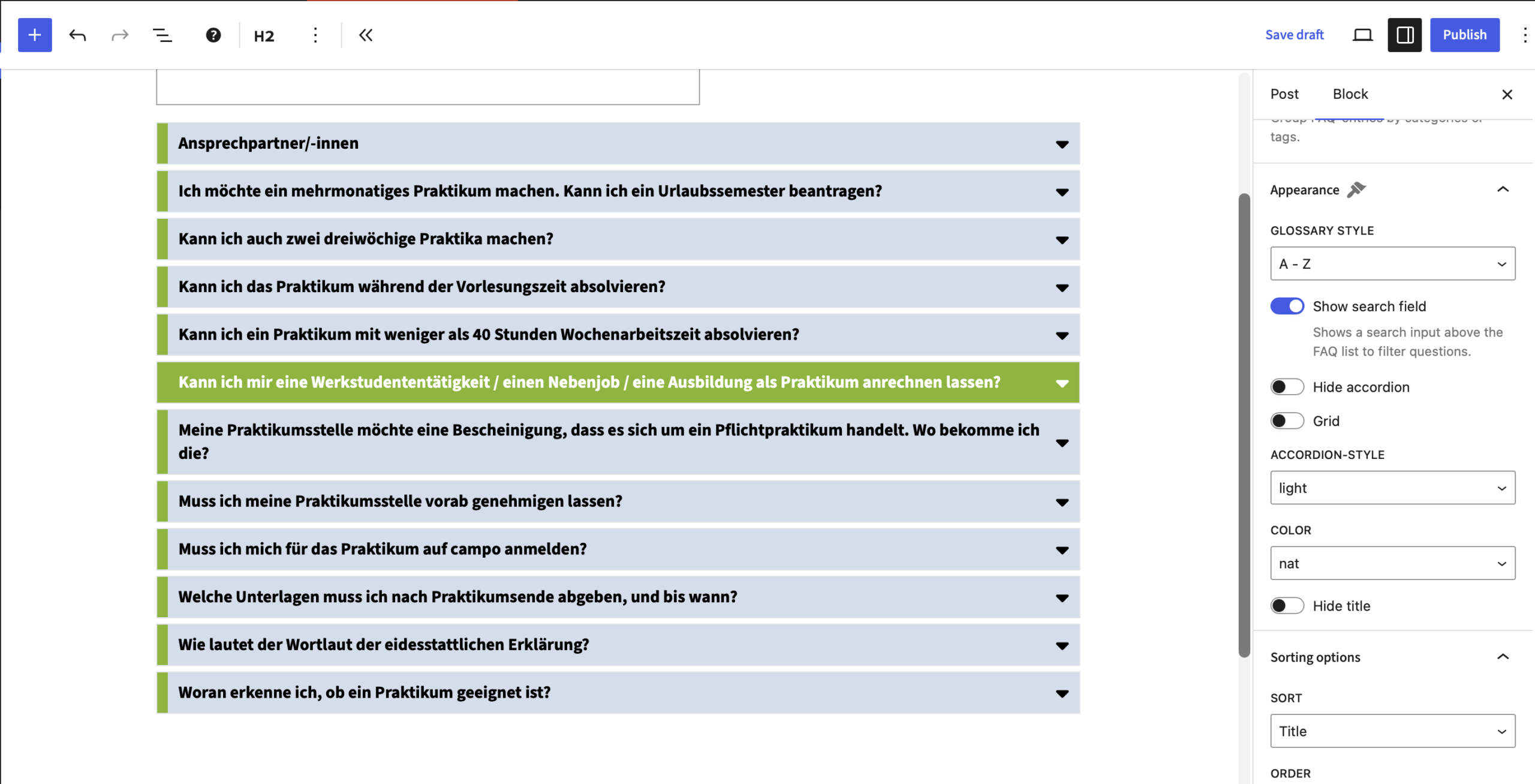 Beispielansicht von verschiedenen Fragen aus RRZE Answers FAQ