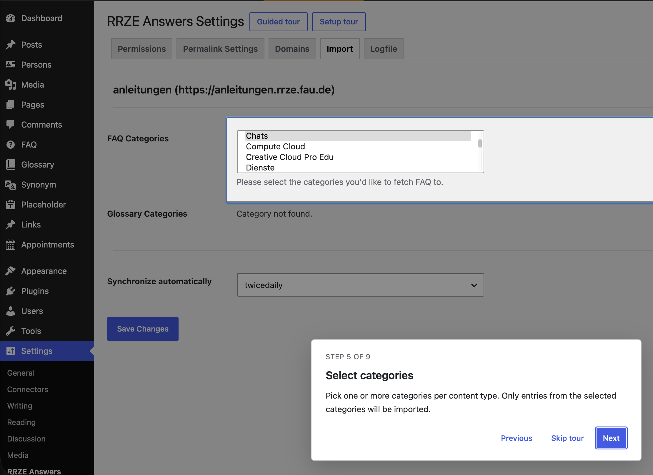 Importeinstellungen im RRZE Answers Plugin