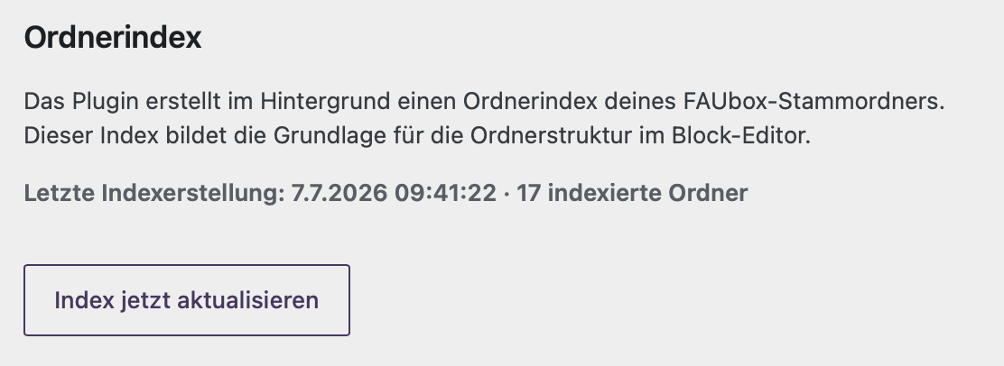 FAUbox Ordnerindex für die Baumstruktur im Block