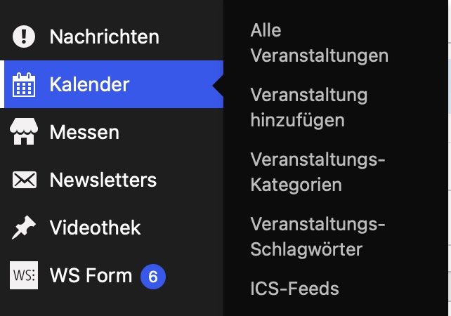 Menüpunkt Kalender mit Unterpunkten im WordPress Backend
