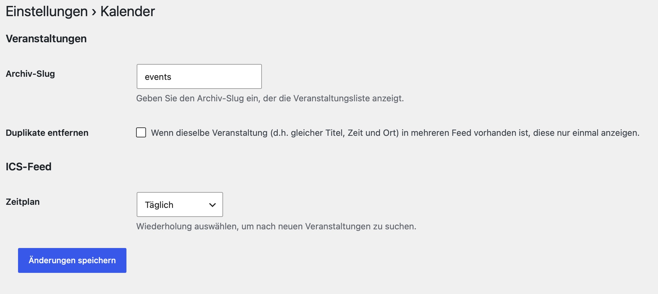 Kalender-Einstellungen im WordPress-Backend