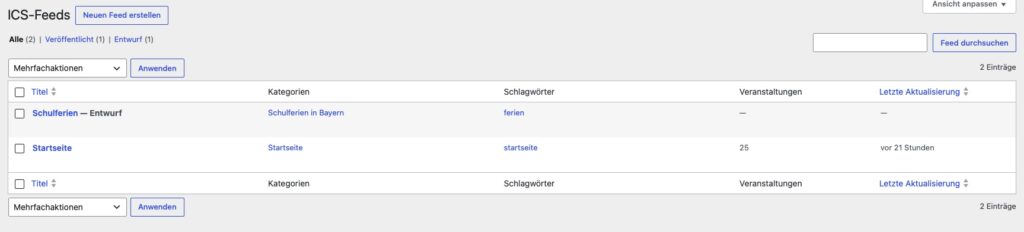 ics-Feed-Übersicht im WordPress Backend