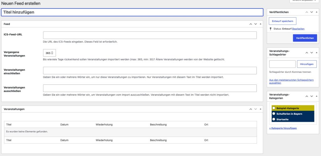 Oberfläche zum Erstellen eines neuen Feeds im Kalender-Plugin