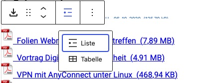Auswahlmöglichkeit im Downloads-Block, Ausgabe als Tabelle darzustellen