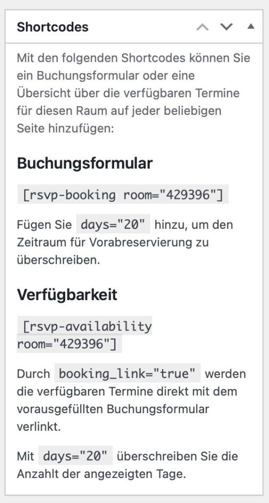 Anzeige der Shortcodes für eine Buchungsseite im RSVP Plugin